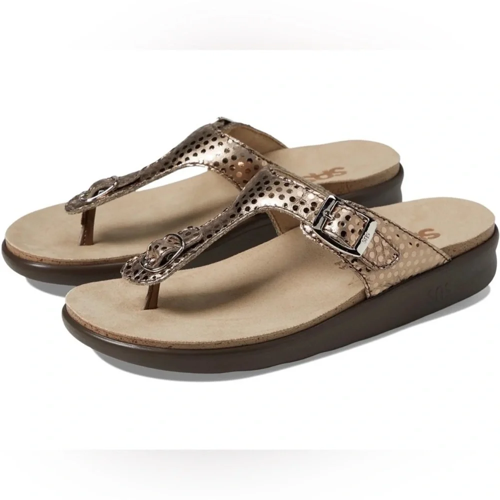 SAS Sanibel Oro Gold Leather Comfortable T-Strap Sandals Women’s Size 10